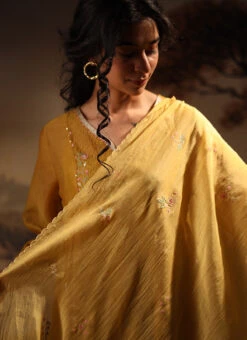 Mustard Yellow Chanderi Silk Embroidered Dupatta Party Wear -Indo Clothing Shop mustard yellow chanderi silk embroidered dupatta dpbadcsdum01 b