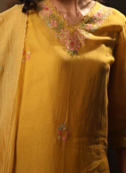 Mustard Yellow Chanderi Silk Embroidered Dupatta Party Wear