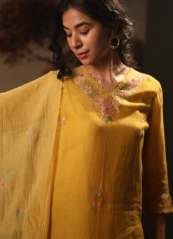 Mustard Yellow Chanderi Silk Embroidered Dupatta Party Wear -Indo Clothing Shop mustard yellow chanderi silk embroidered dupatta dpbadcsdum01 u