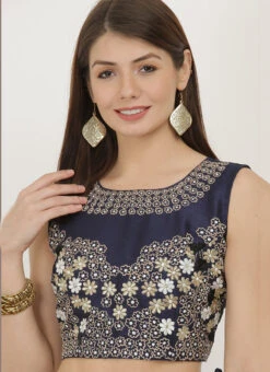 Navy Blue Art Dupion Silk Resham Embroidered Blouse Festive Wear -Indo Clothing Shop navy blue art dupion silk resham embroidered blouse bldiw18 u
