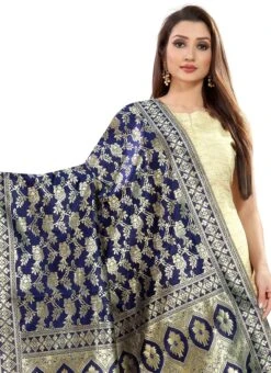 Navy Blue Art Silk Benarasi Dupatta Party Wear -Indo Clothing Shop navy blue art silk benarasi dupatta dusli105blu b