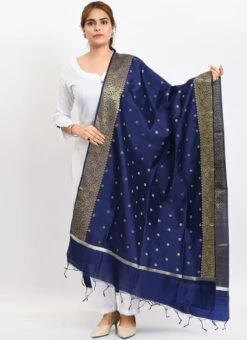 Navy Blue Banarasi Silk Weaving Work Dupatta Work Wear -Indo Clothing Shop navy blue banarasi silk weaving work dupatta dpdmimfd183 u
