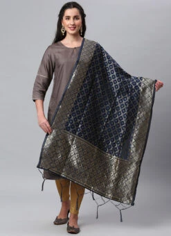 Navy Blue Benarasi Silk Jacquard Woven Dupatta Festive Wear -Indo Clothing Shop navy blue benarasi silk jacquard woven dupatta dpsli1402105blu u