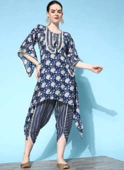 Navy Blue Cotton Printed Kurta Dhoti Set After Six Wear -Indo Clothing Shop navy blue cotton printed kurta dhoti set krsmz276732nbl u