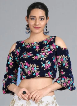 Navy Blue Embroidered Velvet Blouse Party Wear -Indo Clothing Shop navy blue embroidered velvet blouse BLBS02305251 u