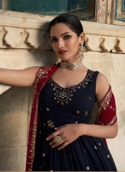 Navy Blue Georgette Sequins Embroidery Anarkali Gown Party Wear -Indo Clothing Shop navy blue georgette sequins embroidery anarkali gown bgwrsom4853 b