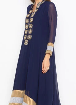 Navy Blue Georgette Stones Work Kurta Straight Pant Set Party Wear