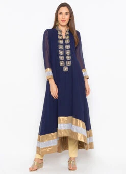Navy Blue Georgette Stones Work Kurta Straight Pant Set Party Wear -Indo Clothing Shop navy blue georgette stones work kurta straight pant set krsmnc2067 u