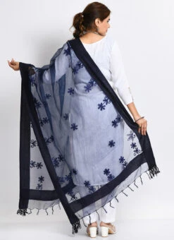 Navy Blue Organza Cotton Chikankari Embroidery Dupatta Work Wear -Indo Clothing Shop navy blue organza cotton chikankari embroidery dupatta dpdmimfd117 b