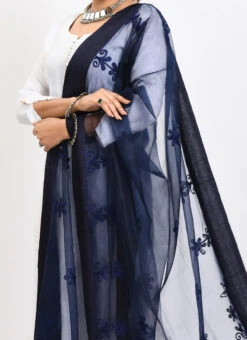 Navy Blue Organza Cotton Chikankari Embroidery Dupatta Work Wear