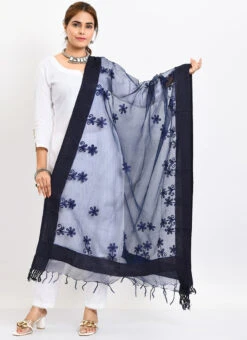 Navy Blue Organza Cotton Chikankari Embroidery Dupatta Work Wear -Indo Clothing Shop navy blue organza cotton chikankari embroidery dupatta dpdmimfd117 u