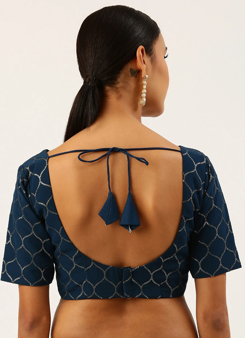 Navy Blue Raw Silk Sequins Work Blouse Party Wear 4 Navy Blue Raw Silk Sequins Work Blouse Party Wear - Image 4