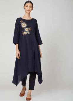 Navy Blue Rayon Slub Kurta Straight Pant Set Work Wear -Indo Clothing Shop navy blue rayon slub kurta straight pant set krsdvcsvts14 u