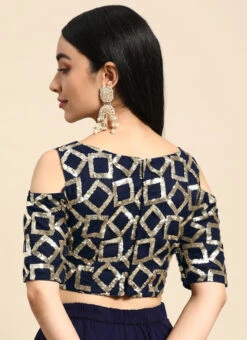 Navy Blue Sequins Net Cold Shoulder Blouse Festive Wear -Indo Clothing Shop navy blue sequins net cold shoulder blouse BLBS02303764 b