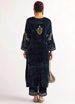 Navy Blue Velvet Embroidered Straight Pant Suit Party Wear -Indo Clothing Shop navy blue velvet embroidered straight pant suit krdvc27 b