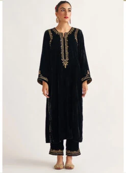 Navy Blue Velvet Embroidered Straight Pant Suit Party Wear -Indo Clothing Shop navy blue velvet embroidered straight pant suit krdvc27 u