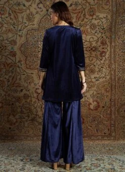 Navy Blue Velvet Emrboidered Kurta Palazzo Set Work Wear -Indo Clothing Shop navy blue velvet emrboidered kurta palazzo set krsdmf7324ny b