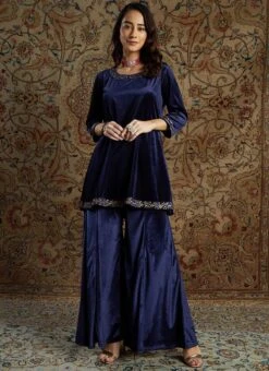 Navy Blue Velvet Emrboidered Kurta Palazzo Set Work Wear -Indo Clothing Shop navy blue velvet emrboidered kurta palazzo set krsdmf7324ny u