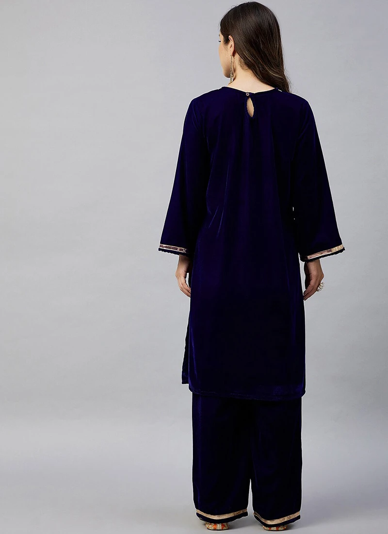 Navy Blue Velvet Kurta Palazzo Set Work Wear 4 Navy Blue Velvet Kurta Palazzo Set Work Wear - Image 4