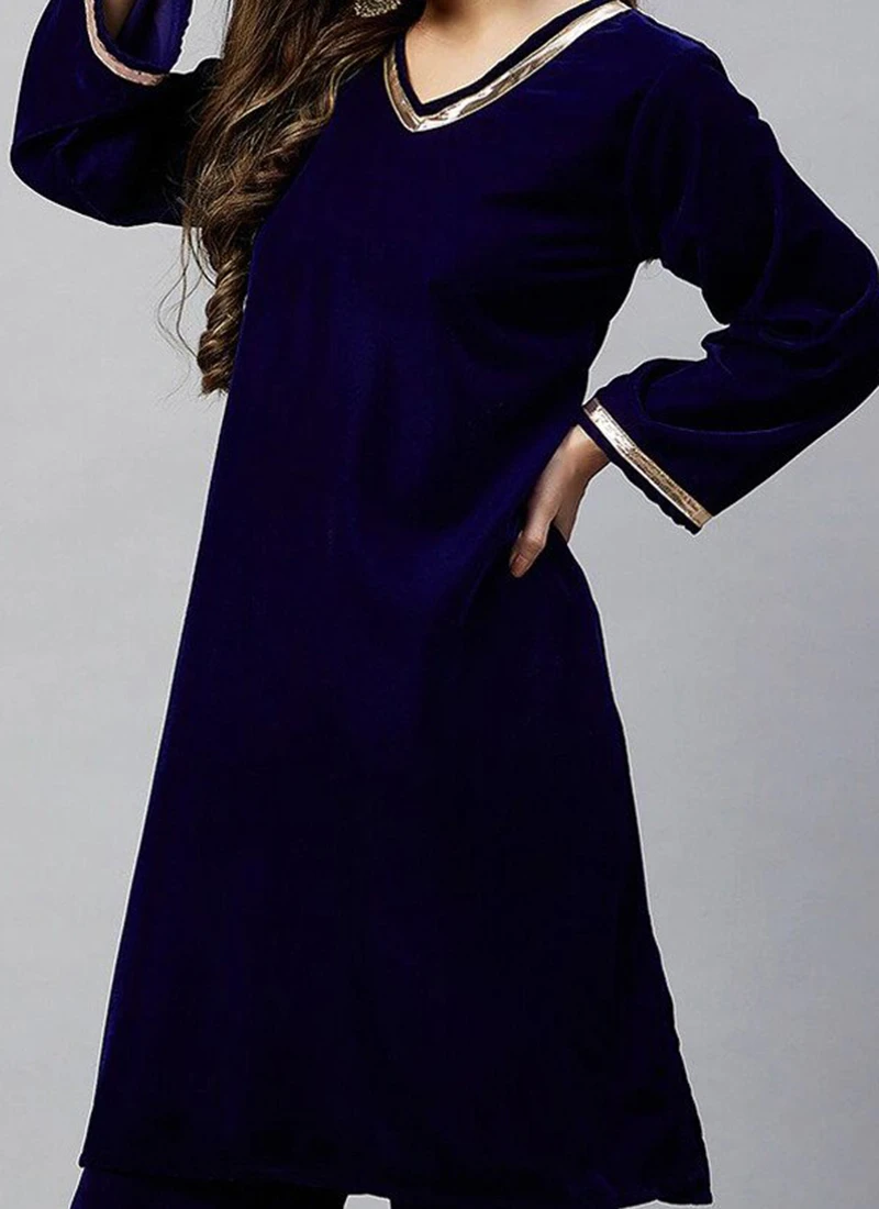 Navy Blue Velvet Kurta Palazzo Set Work Wear 1 Navy Blue Velvet Kurta Palazzo Set Work Wear