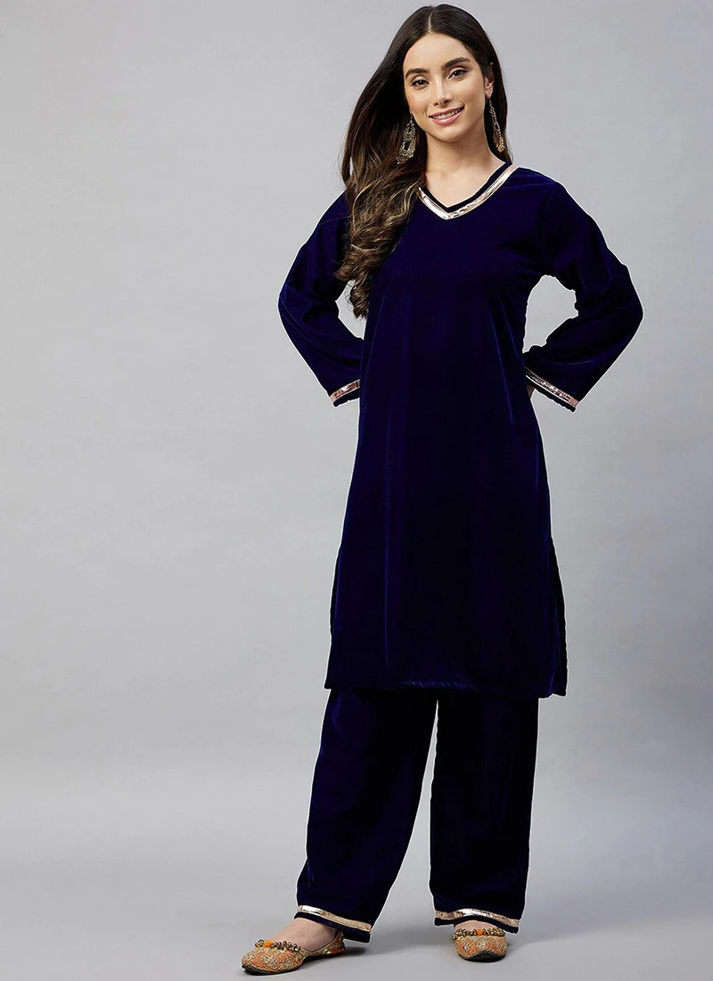 Navy Blue Velvet Kurta Palazzo Set Work Wear 3 Navy Blue Velvet Kurta Palazzo Set Work Wear - Image 3