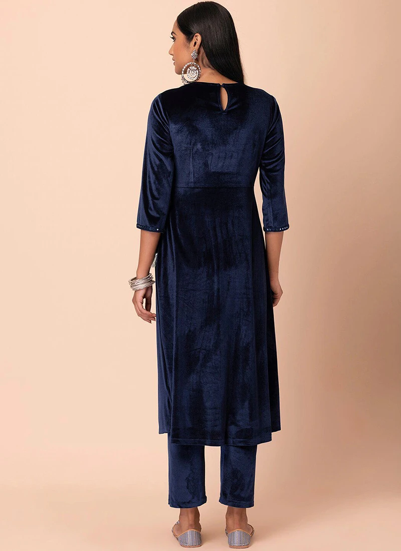 Navy Blue Velvet Kurta Semi Palazzo Set Work Wear 4 Navy Blue Velvet Kurta Semi Palazzo Set Work Wear - Image 4