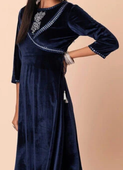 Navy Blue Velvet Kurta Semi Palazzo Set Work Wear