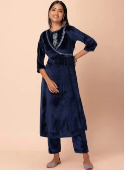 Navy Blue Velvet Kurta Semi Palazzo Set Work Wear 6 Navy Blue Velvet Kurta Semi Palazzo Set Work Wear -Indo Clothing Shop navy blue velvet kurta semi palazzo set krsdmf7320ny u