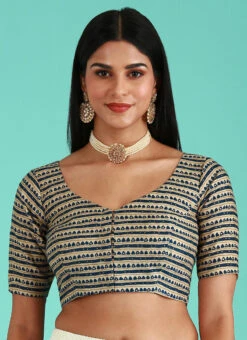 Navy Blue Viscose Rayon Printed Readymade Blouse Party Wear -Indo Clothing Shop navy blue viscose rayon printed readymade blouse blspfb222nb u