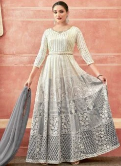 Off White And Grey Faux Georgette Embroidered Gown Party Wear -Indo Clothing Shop off white and grey faux georgette embroidered gown slska47512039 u