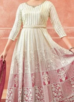 Off White And Pink Faux Georgette Embroidered Gown Party Wear