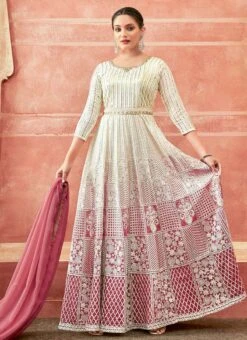 Off White And Pink Faux Georgette Embroidered Gown Party Wear -Indo Clothing Shop off white and pink faux georgette embroidered gown slska47512035 u