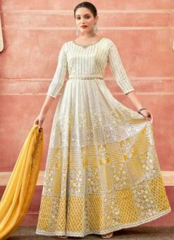 Off White And Yellow Faux Georgette Embroidered Gown Party Wear -Indo Clothing Shop off white and yellow faux georgette embroidered gown slska47512036 u