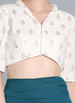 Off White Embroidered Collar Neck Blouse Festive Wear