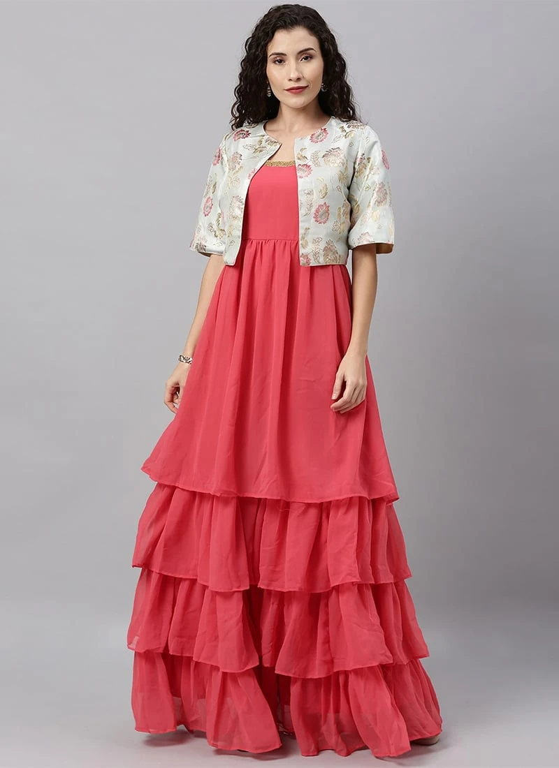 Off White Jacket Style Floor Length Gown Festive Wear 3 Off White Jacket Style Floor Length Gown Festive Wear - Image 3