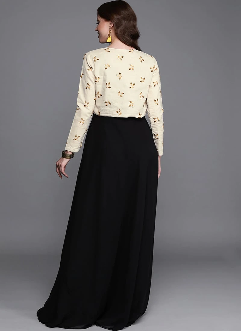 Off White N Black Embroidered Jacket Style Gown After Six Wear 4 Off White N Black Embroidered Jacket Style Gown After Six Wear - Image 4