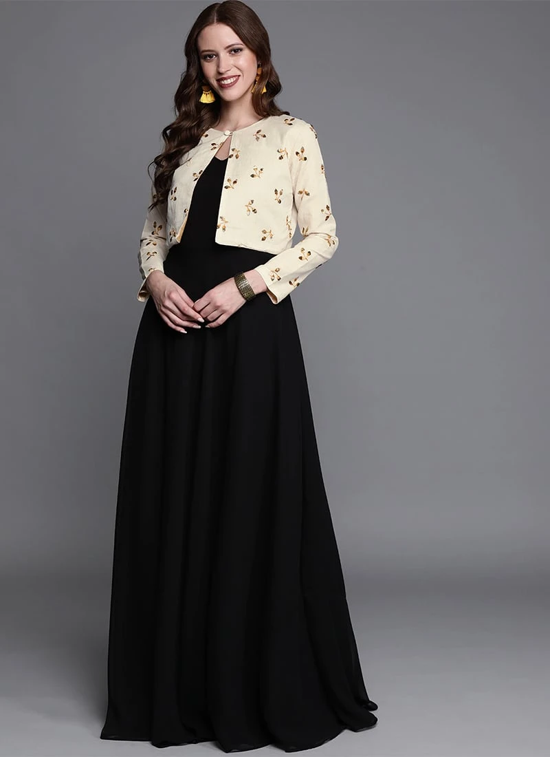 Off White N Black Embroidered Jacket Style Gown After Six Wear 3 Off White N Black Embroidered Jacket Style Gown After Six Wear - Image 3