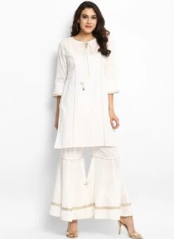 Off White Rayon Kurta Sharara Set Work Wear -Indo Clothing Shop off white rayon kurta sharara set krsdmf903 u
