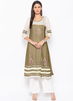 Olive Green Georgette Embroidered Kurta Palazzo Set After Six Wear -Indo Clothing Shop olive green georgette embroidered kurta palazzo set krsmnc1935ks u