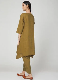 Olive Green Linen Kurta Set Work Wear -Indo Clothing Shop olive green linen kurta set krsdvcsvts21 b
