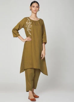 Olive Green Linen Kurta Set Work Wear -Indo Clothing Shop olive green linen kurta set krsdvcsvts21 u