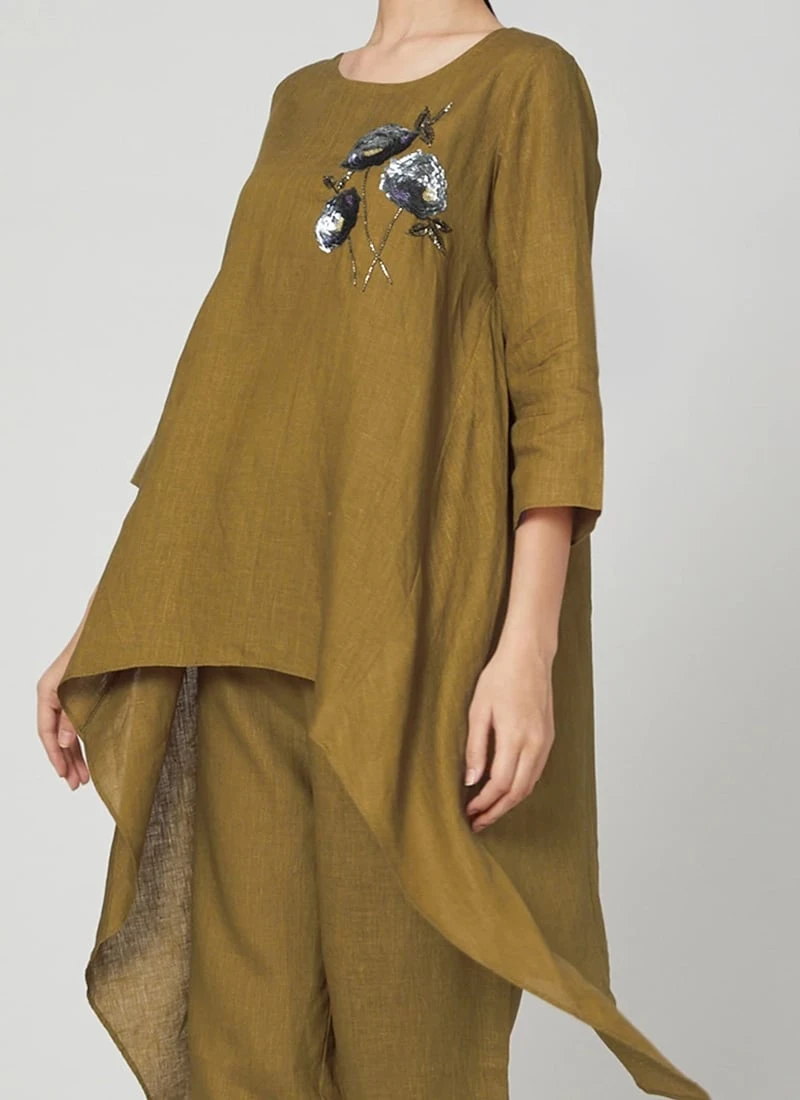 Olive Green Linen Kurta Straight Pant Set Work Wear 1 Olive Green Linen Kurta Straight Pant Set Work Wear