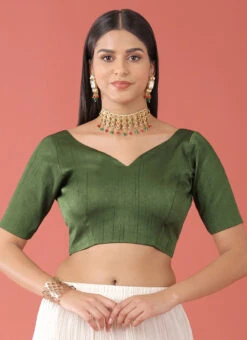 Olive Green Silk Solid Stitched Readymade Blouse Party Wear -Indo Clothing Shop olive green silk solid stitched readymade blouse blspfb238o u