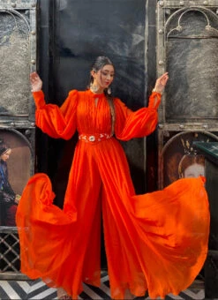 Orange Faux Georgette Jumpsuits Party Wear -Indo Clothing Shop orange faux georgette jumpsuits drsuhoa018 u