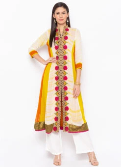 Orange N White Georgette Embroidered Kurta Palazzo Set After Six Wear -Indo Clothing Shop orange n white georgette embroidered kurta palazzo set krsmnc1911ks u