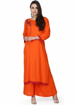 Orange Rayon Embroidery Kurta Palazzo Set Party Wear -Indo Clothing Shop orange rayon embroidery kurta palazzo set krskifh99660001152 u