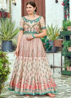Peach Art Silk Anarkali Gown Party Wear -Indo Clothing Shop peach art silk anarkali gown bgwsjssb1206 u