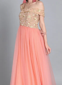 Peach Embroiderd Flap Style Flared Gown Party Wear