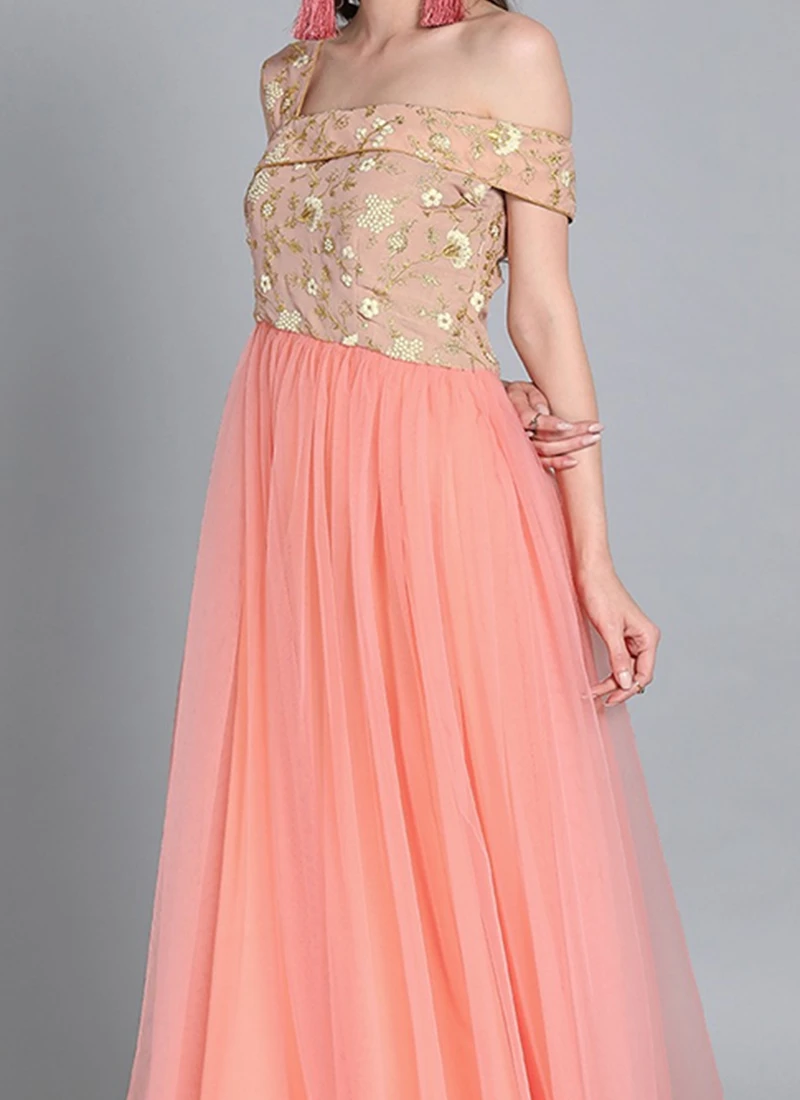 Peach Embroiderd Flap Style Flared Gown Party Wear 1 Peach Embroiderd Flap Style Flared Gown Party Wear