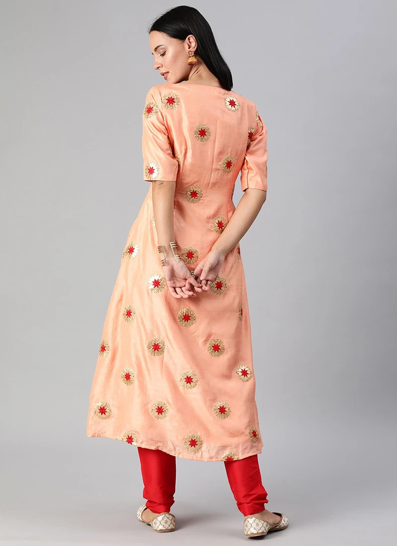 Peach Embroidered Chinon Kurta Set Festive Wear 4 Peach Embroidered Chinon Kurta Set Festive Wear - Image 4